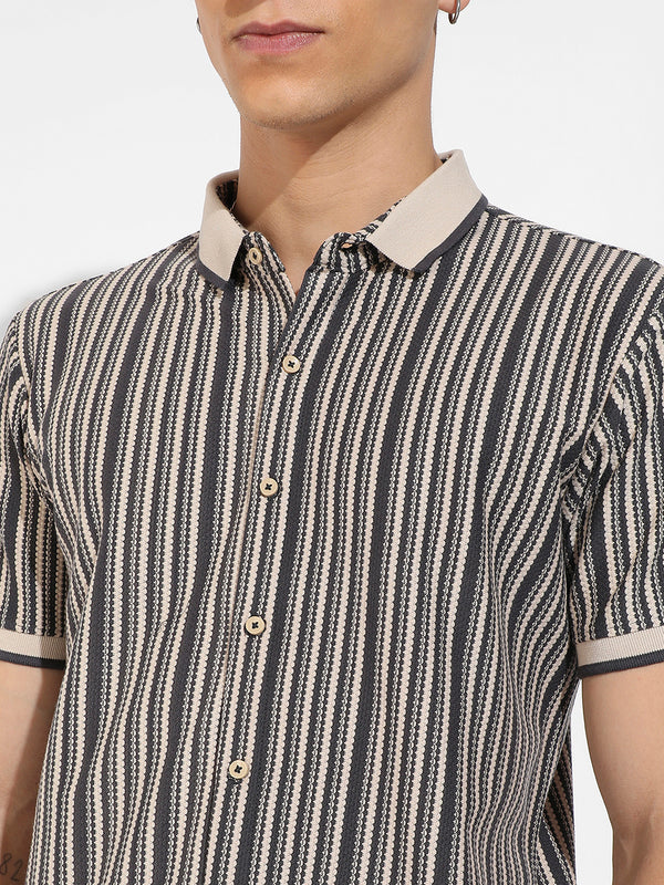 Light Grey & Navy Blue Contrast Knitted Shirt
