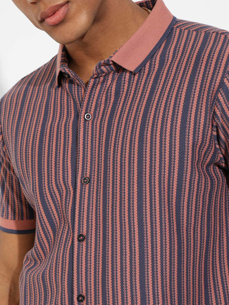 Men's Brown & Blue Contrast Knitted Shirt