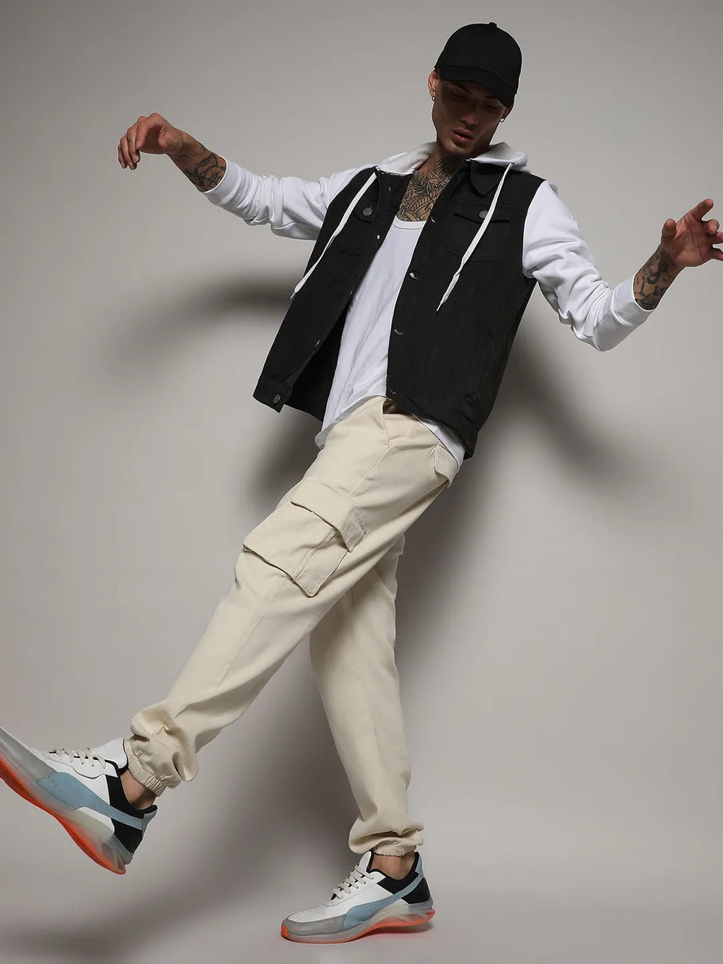 Medium-Wash Denim Jacket With Sweatshirt Sleeve